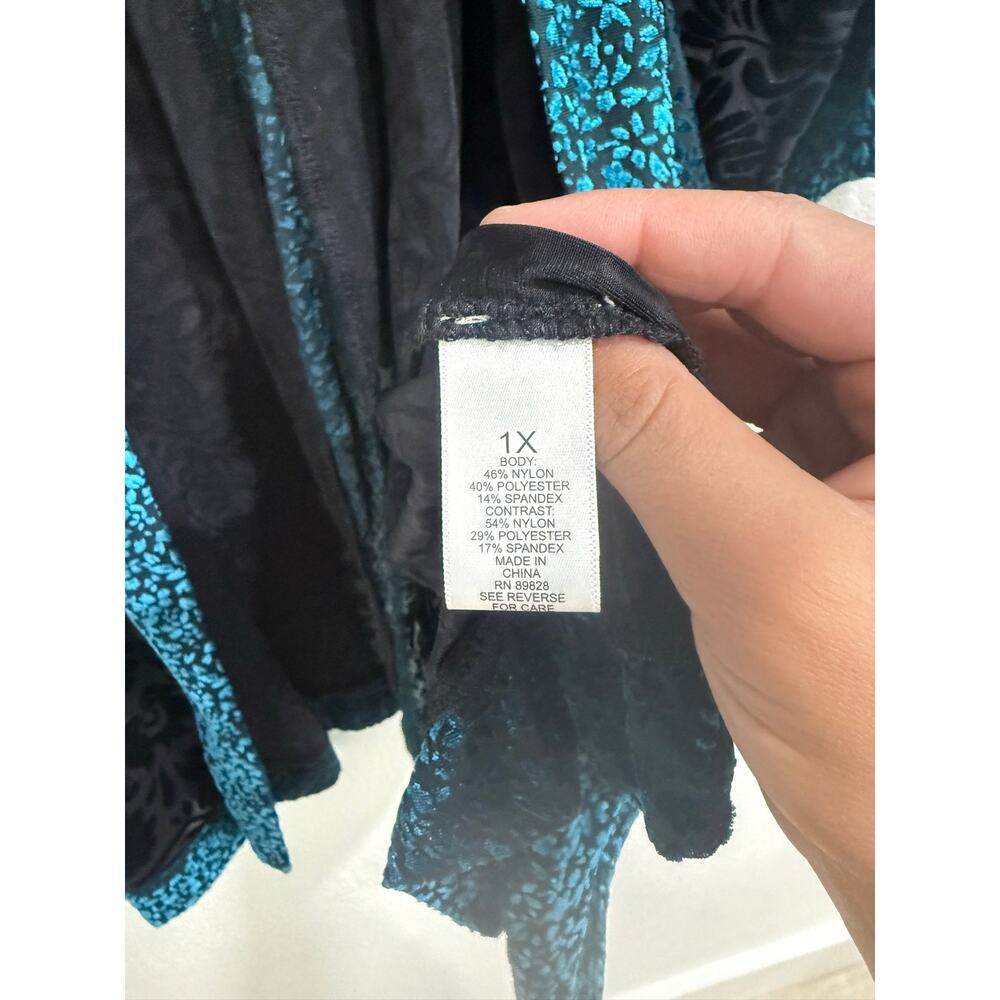 LOGO Lavish Lori Goldstein Burnout Velvet Kimono Duster Black Teal Boho Size 1X - Picture 5 of 6